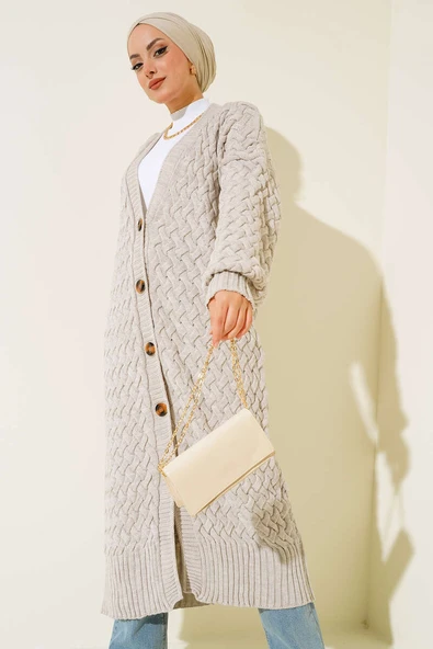 Boydan Düğmeli Sepet Örgü Uzun Hırka Taş - Resim 2