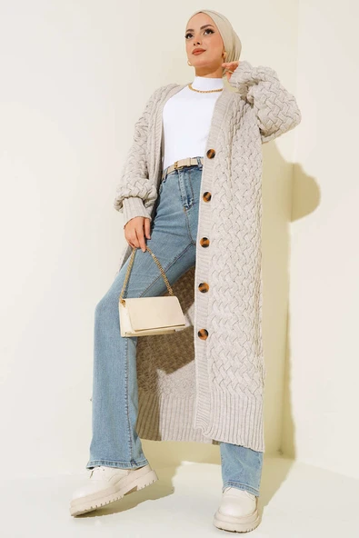 Boydan Düğmeli Sepet Örgü Uzun Hırka Taş ürün görseli 1