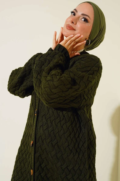 Boydan Düğmeliæ Sepet Örgü Uzun Hırka Haki ürün görseli