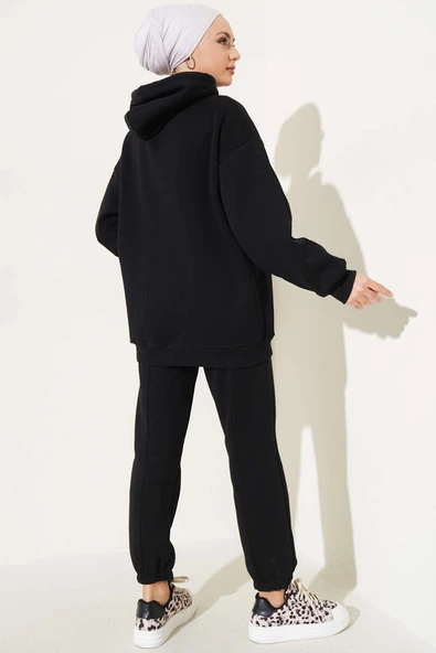 Şardonlu Kapüşonlu Model İkili Takım Siyah - Resim 3