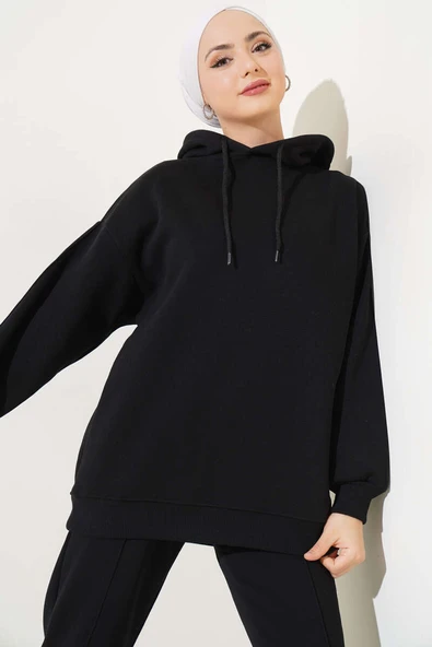 Şardonlu Kapüşonlu Model İkili Takım Siyah - Resim 2