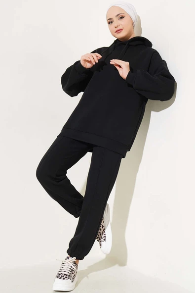 Şardonlu Kapüşonlu Model İkili Takım Siyah ürün görseli 1