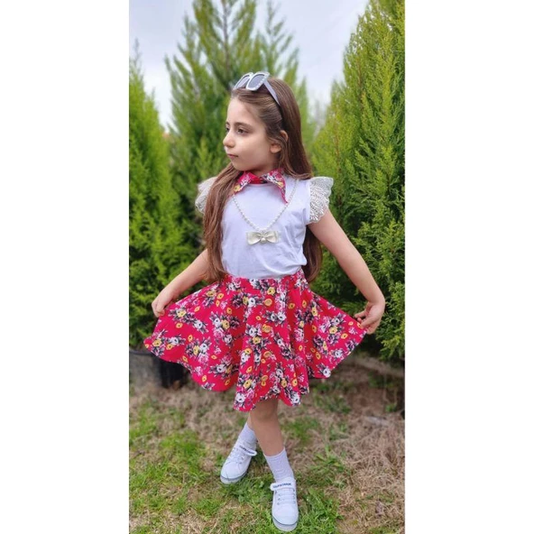 MODAVALS DANTELLİ KOLYELİ ÇİÇEK DESENLİ KIZ ÇOCUK ETEKLİ KOMBİN - KIRMIZI - 6