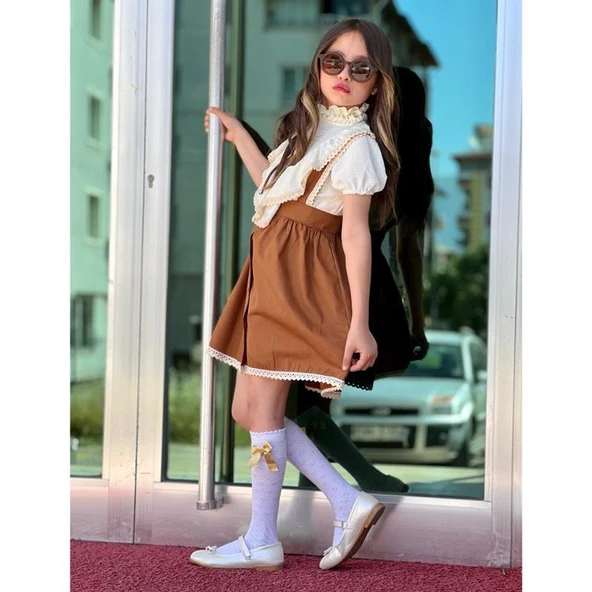 MODAVALS DANTEL DETAYLI FIRFIRLI PAMUK SATEN KIZ ÇOCUK SLOPET - KAHVE - 7