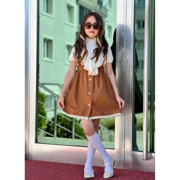 MODAVALS DANTEL DETAYLI FIRFIRLI PAMUK SATEN KIZ ÇOCUK SLOPET - KAHVE - 2