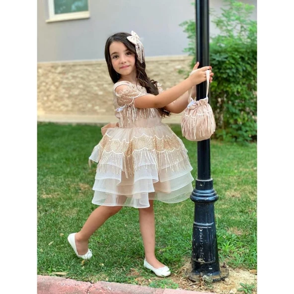 MODAVALS DANTEL VE PUL DETAYLI ÖZEL TASARIM KIZ ÇOCUK ABİYE  ELBİSE, TAÇ & KESE ÇANTA KOMBİN - KAHVE - 6