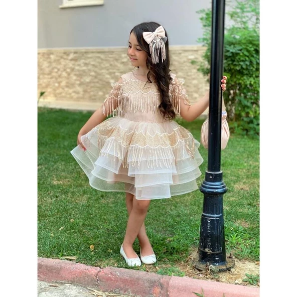 MODAVALS DANTEL VE PUL DETAYLI ÖZEL TASARIM KIZ ÇOCUK ABİYE  ELBİSE, TAÇ & KESE ÇANTA KOMBİN - KAHVE - 4