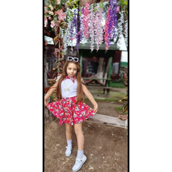 MODAVALS DANTELLİ KOLYELİ ÇİÇEK DESENLİ KIZ ÇOCUK ETEKLİ KOMBİN - KIRMIZI - 8