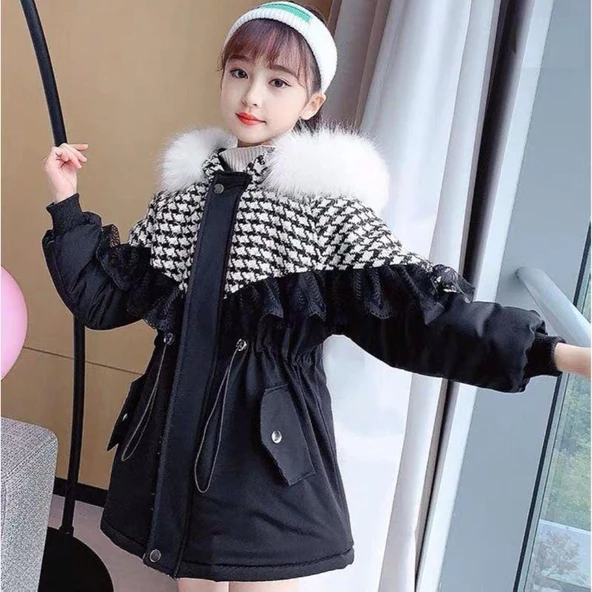 MODAVALS İTHAL KÜRKLÜ KAZ AYAĞI DESENLİ DANTELLİ BEL BAĞCIKLI KIZ ÇOCUK MONT - SİYAH - 2