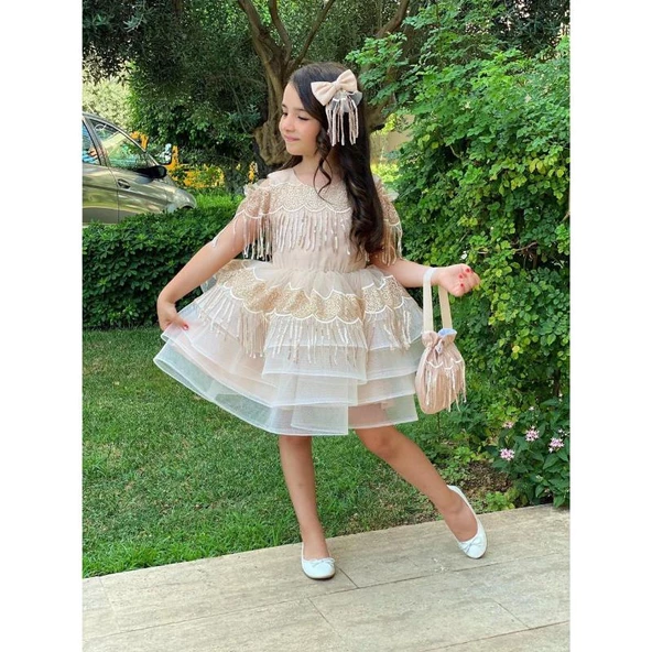 MODAVALS DANTEL VE PUL DETAYLI ÖZEL TASARIM KIZ ÇOCUK ABİYE  ELBİSE, TAÇ & KESE ÇANTA KOMBİN - KAHVE - 2