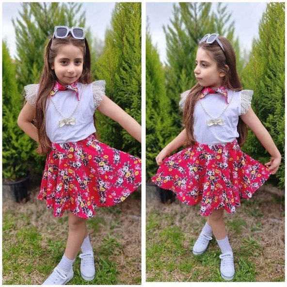 MODAVALS DANTELLİ KOLYELİ ÇİÇEK DESENLİ KIZ ÇOCUK ETEKLİ KOMBİN - KIRMIZI - 4