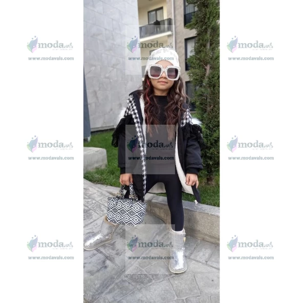 MODAVALS İTHAL KÜRKLÜ KAZ AYAĞI DESENLİ DANTELLİ BEL BAĞCIKLI KIZ ÇOCUK MONT - SİYAH - 3