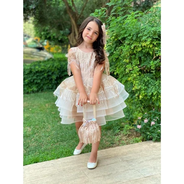 MODAVALS DANTEL VE PUL DETAYLI ÖZEL TASARIM KIZ ÇOCUK ABİYE  ELBİSE, TAÇ & KESE ÇANTA KOMBİN - KAHVE - 3