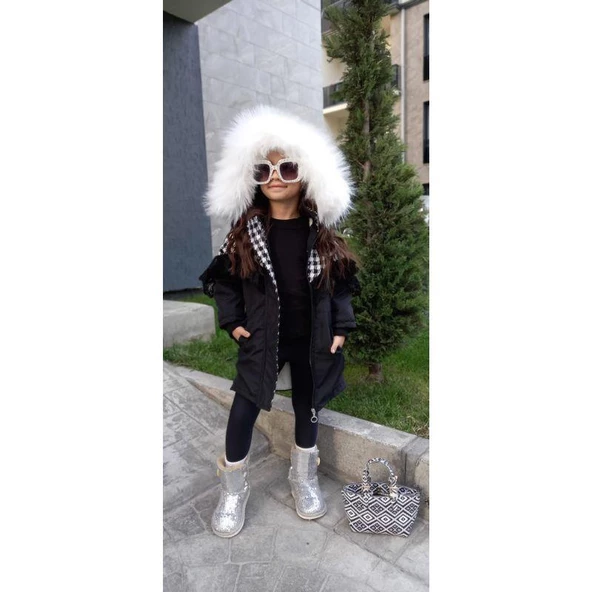 MODAVALS İTHAL KÜRKLÜ KAZ AYAĞI DESENLİ DANTELLİ BEL BAĞCIKLI KIZ ÇOCUK MONT - SİYAH - 4