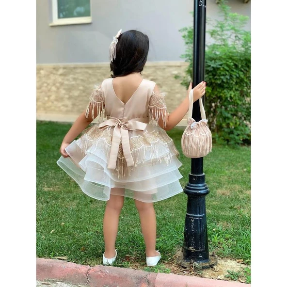 MODAVALS DANTEL VE PUL DETAYLI ÖZEL TASARIM KIZ ÇOCUK ABİYE  ELBİSE, TAÇ & KESE ÇANTA KOMBİN - KAHVE - 8