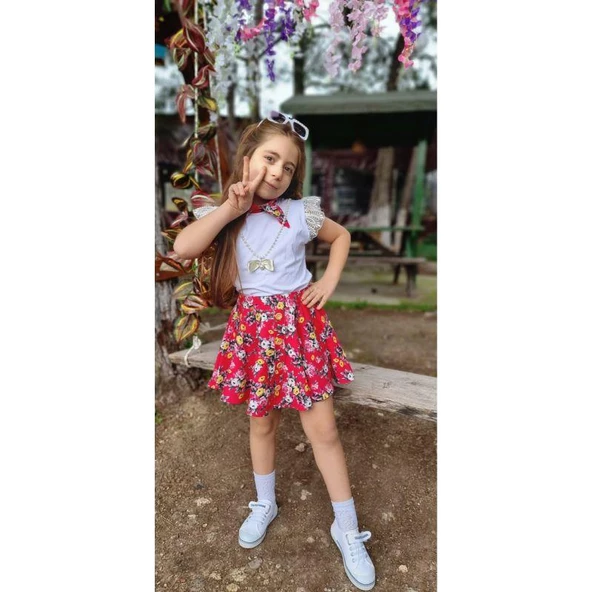MODAVALS DANTELLİ KOLYELİ ÇİÇEK DESENLİ KIZ ÇOCUK ETEKLİ KOMBİN - KIRMIZI - 10