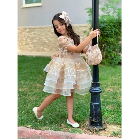 MODAVALS DANTEL VE PUL DETAYLI ÖZEL TASARIM KIZ ÇOCUK ABİYE  ELBİSE, TAÇ & KESE ÇANTA KOMBİN - KAHVE - 5