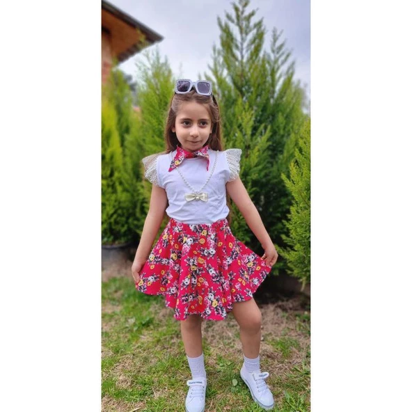 MODAVALS DANTELLİ KOLYELİ ÇİÇEK DESENLİ KIZ ÇOCUK ETEKLİ KOMBİN - KIRMIZI - 9