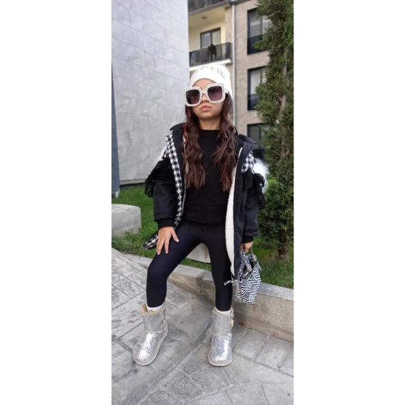 MODAVALS İTHAL KÜRKLÜ KAZ AYAĞI DESENLİ DANTELLİ BEL BAĞCIKLI KIZ ÇOCUK MONT - SİYAH - 5