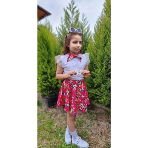 MODAVALS DANTELLİ KOLYELİ ÇİÇEK DESENLİ KIZ ÇOCUK ETEKLİ KOMBİN - KIRMIZI - 5