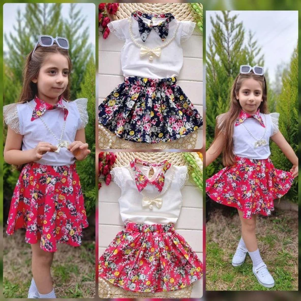 MODAVALS DANTELLİ KOLYELİ ÇİÇEK DESENLİ KIZ ÇOCUK ETEKLİ KOMBİN - SİYAH - 3