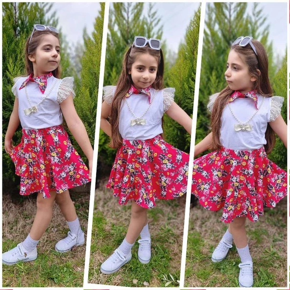 MODAVALS DANTELLİ KOLYELİ ÇİÇEK DESENLİ KIZ ÇOCUK ETEKLİ KOMBİN - KIRMIZI - 2