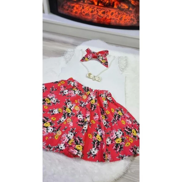 MODAVALS DANTELLİ KOLYELİ ÇİÇEK DESENLİ KIZ ÇOCUK ETEKLİ KOMBİN - KIRMIZI - 11