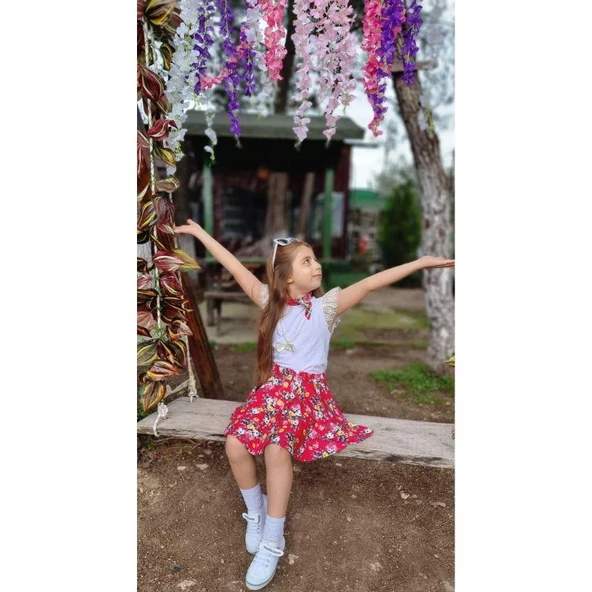 MODAVALS DANTELLİ KOLYELİ ÇİÇEK DESENLİ KIZ ÇOCUK ETEKLİ KOMBİN - KIRMIZI - 7