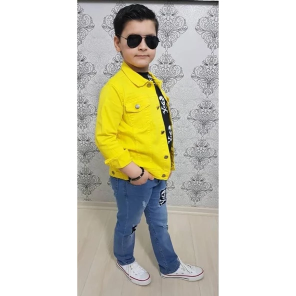 MODAVALS GABARDİN CEKETLİ KURU KAFA TASARIMLI ERKEK ÇOCUK KOT KOMBİN - SARI - 7