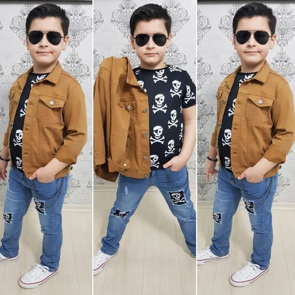 MODAVALS GABARDİN CEKETLİ KURU KAFA TASARIMLI ERKEK ÇOCUK KOT KOMBİN - KAHVE - 2