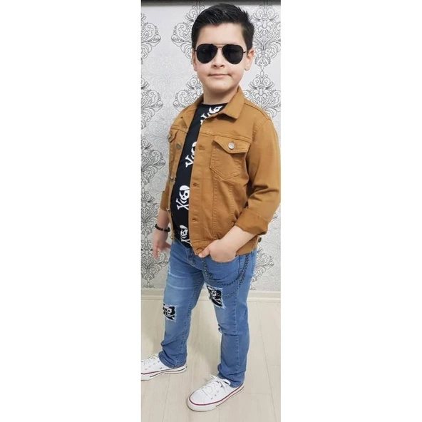 MODAVALS GABARDİN CEKETLİ KURU KAFA TASARIMLI ERKEK ÇOCUK KOT KOMBİN - KAHVE - 6