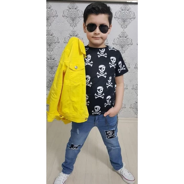 MODAVALS GABARDİN CEKETLİ KURU KAFA TASARIMLI ERKEK ÇOCUK KOT KOMBİN - SARI - 6