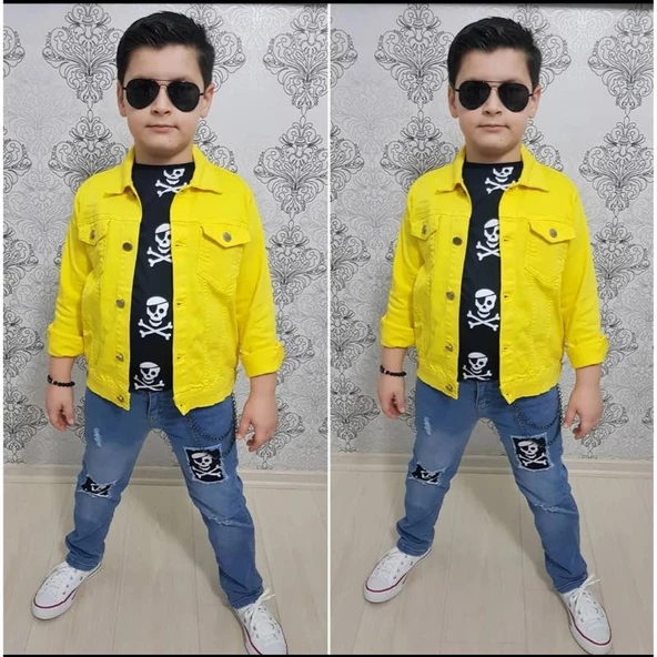 MODAVALS GABARDİN CEKETLİ KURU KAFA TASARIMLI ERKEK ÇOCUK KOT KOMBİN - SARI - 3