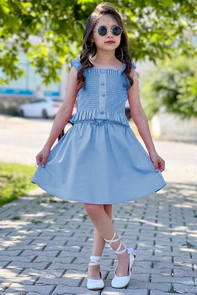 MODAVALS HASIR KEMERLİ GİPE VE DÜĞME DETAYLI KIZ ÇOCUK ETEKLİ KOMBİN - MAVİ - 6