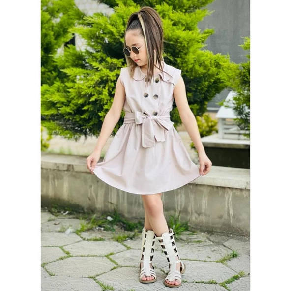 MODAVALS GABARDİN KARDEŞ KOMBİN DÜĞME DETAYLI KIZ ÇOCUK ELBİSE - KREM - 3