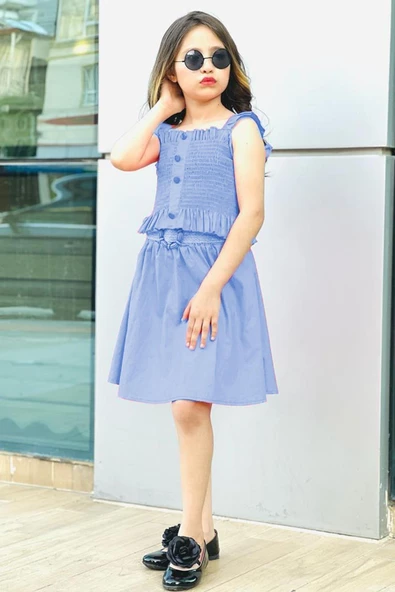 MODAVALS HASIR KEMERLİ GİPE VE DÜĞME DETAYLI KIZ ÇOCUK ETEKLİ KOMBİN - MAVİ - 7