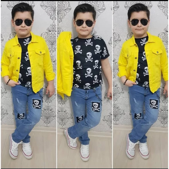 MODAVALS GABARDİN CEKETLİ KURU KAFA TASARIMLI ERKEK ÇOCUK KOT KOMBİN - SARI - 2