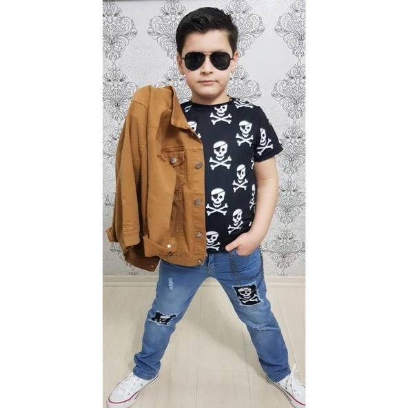 MODAVALS GABARDİN CEKETLİ KURU KAFA TASARIMLI ERKEK ÇOCUK KOT KOMBİN - KAHVE - 5