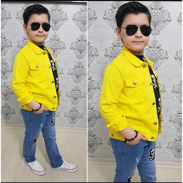 MODAVALS GABARDİN CEKETLİ KURU KAFA TASARIMLI ERKEK ÇOCUK KOT KOMBİN - SARI - 5