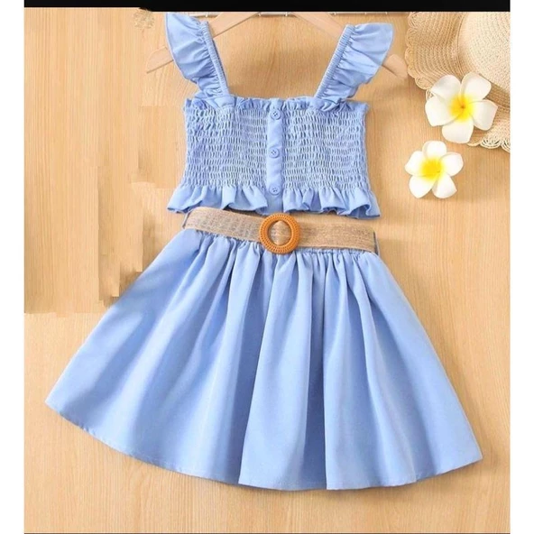 MODAVALS HASIR KEMERLİ GİPE VE DÜĞME DETAYLI KIZ ÇOCUK ETEKLİ KOMBİN - MAVİ - 2