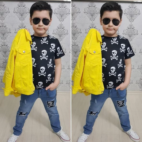 MODAVALS GABARDİN CEKETLİ KURU KAFA TASARIMLI ERKEK ÇOCUK KOT KOMBİN - SARI - 4