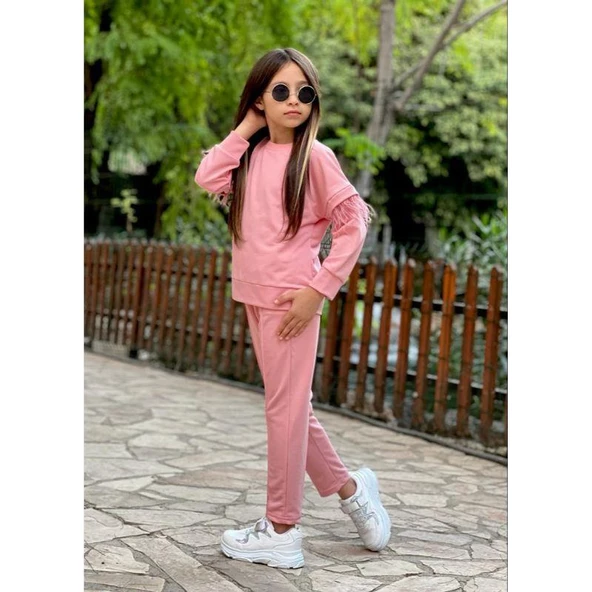 MODAVALS TÜY DETAY KOLLU KIZ ÇOCUK EŞOFMAN TAKIMI - PEMBE - 2