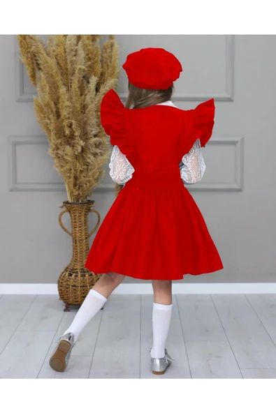 MODAVALS KARDEŞ KOMBİN DANTELLİ BRODE BROŞLU KIZ ÇOCUK FIRFIRLI SLOPET - KIRMIZI - 8