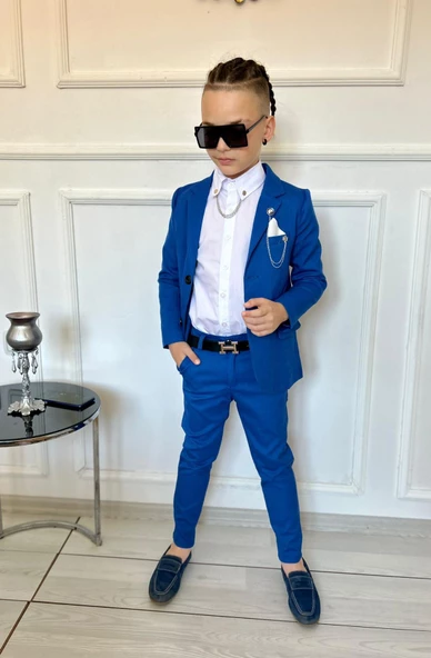 MODAVALS 7 PARÇA MENDİLLİ, ÇİFT ZİNCİRLİ YAKA İĞNELİ CEKETLİ ERKEK ÇOCUK TAKIM ELBİSE -MAVİ - 5