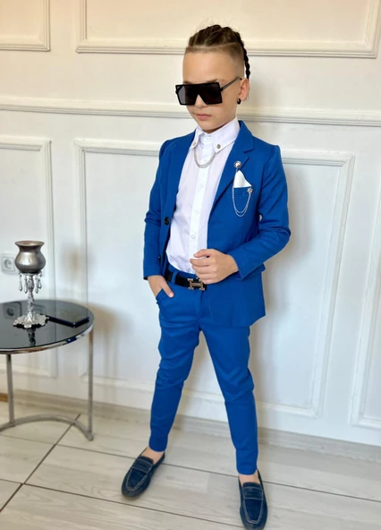 MODAVALS 7 PARÇA MENDİLLİ, ÇİFT ZİNCİRLİ YAKA İĞNELİ CEKETLİ ERKEK ÇOCUK TAKIM ELBİSE -MAVİ - 8