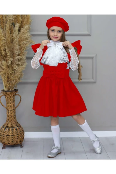 MODAVALS KARDEŞ KOMBİN DANTELLİ BRODE BROŞLU KIZ ÇOCUK FIRFIRLI SLOPET - KIRMIZI - 4