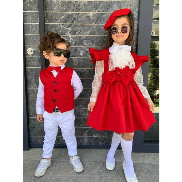 MODAVALS KARDEŞ KOMBİN YELEKLİ PAPYONLU ERKEK ÇOCUK TAKIM - KIRMIZI - 3