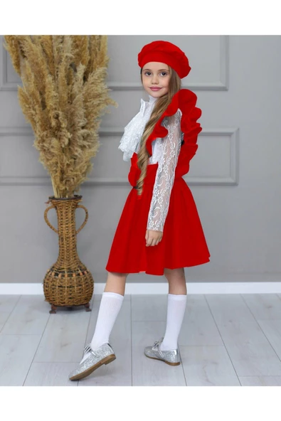 MODAVALS KARDEŞ KOMBİN DANTELLİ BRODE BROŞLU KIZ ÇOCUK FIRFIRLI SLOPET - KIRMIZI - 6