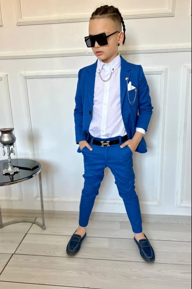 MODAVALS 7 PARÇA MENDİLLİ, ÇİFT ZİNCİRLİ YAKA İĞNELİ CEKETLİ ERKEK ÇOCUK TAKIM ELBİSE -MAVİ - 7