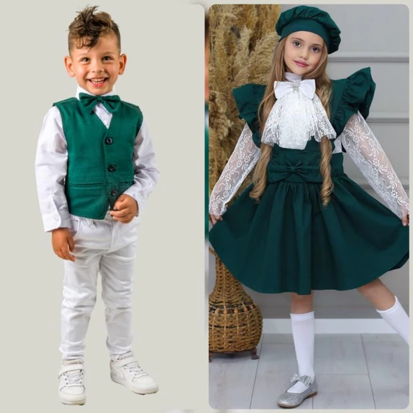 MODAVALS KARDEŞ KOMBİN YELEKLİ PAPYONLU ERKEK ÇOCUK TAKIM - YEŞİL - 2